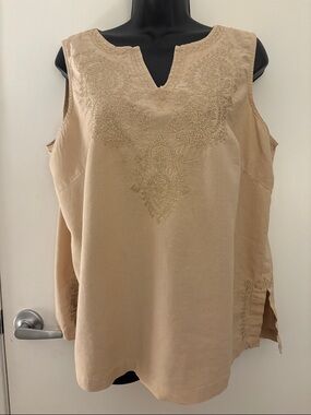 KENAR WOMAN Sleeveless Linen Embroidered Tunic Top in Beige SZ 1X